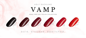 Ugly Duckling Vamp gel polish collection with red and black shades on a pink background.