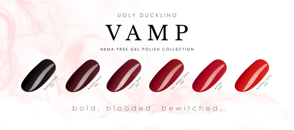 Ugly Duckling Vamp gel polish collection with red and black shades on a pink background.